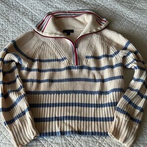 J. Crew Cream Sweater with Blue Stripes & Funnel Half-Zip